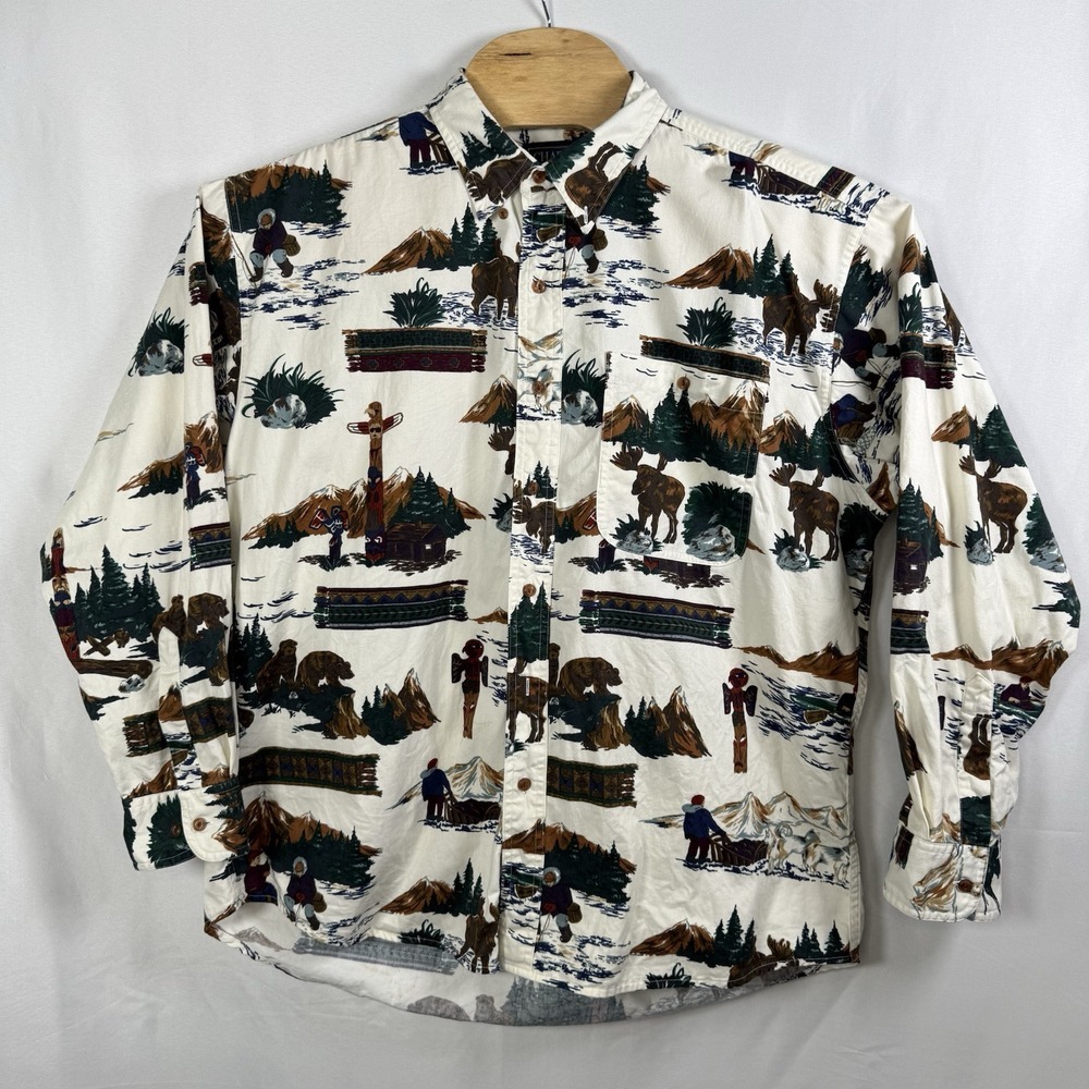CHAPS Ralph Lauren Bear Pole Button Mens XL White Winter‎ Nature Alaska